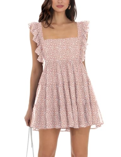 Image of Women's Summer Square Neck Tie Back Ruffle Sleeve Tiered Casual A-Line Short Mini Dress