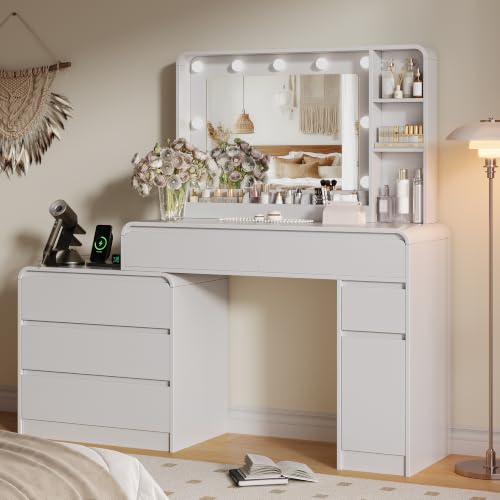Image of 60.2 inch Makeup Vanity Desk with Charging Station, White Makeup Dressing Table with Mirror & Lights, 3 Lighting Modes Adjustable Brightness, Vanity Table with Power Outlet and 6 Drawers