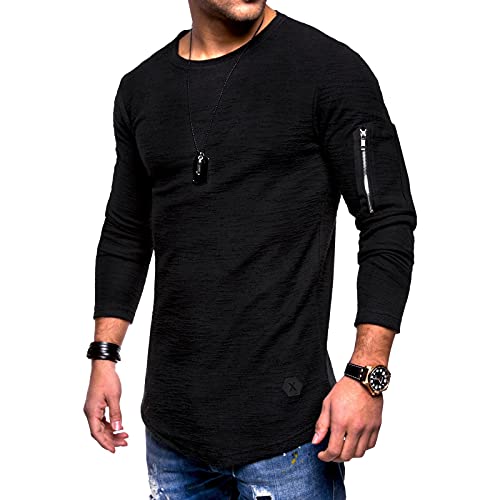 Mens Long Sleeve Casual T-Shirt Slim Fit Cotton Pullover Curve Hem Sweatshirt with Zipper Black