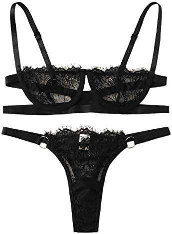 SheIn Women's 2 Piece Sexy Lace Strap Bralette Bra and Panty Lingerie Set Push Up Black Medium