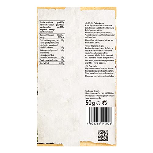 Seeberger Milde Pinienkerne: Handverlesene, zarte Pinienkerne - mild-nussiges Aroma & cremiger Geschmack - naturbelassen, vegan (1 x 50 g)