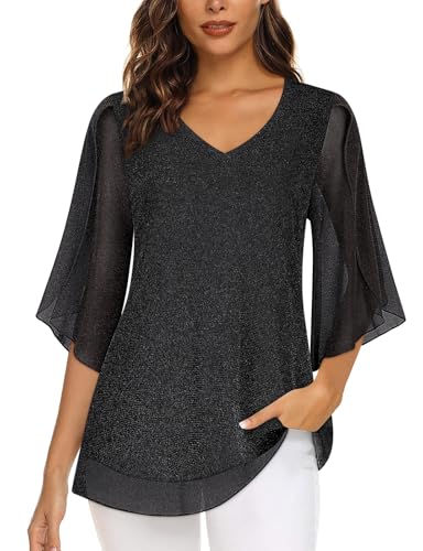Syphiby Camicetta da donna con maniche a volant e scollo a V, in rete elastica, vestibilità ampia e fluida, Nero brillante, XXL