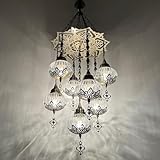 Yjmgrowing Türkischer Mosaik-Kronleuchter mit 7 Kugeln, marokkanische Glas-Hängelampe Regentropfen große Deckenlampe zum Aufhängen für Villa, Treppenhaus, Wohnzimmer, Café, Restaurant,Weiß