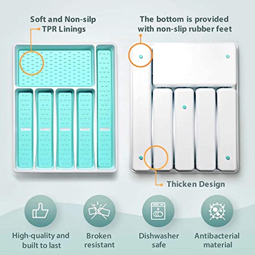 Joequality Silverware Organizer With Icons，Plastic Cutlery Silverware Tray For Drawer，Utensil Tableware Flatware Organizer For Kitchen With Non-Slip Tpr,Fits Oversized Drawer,6-Compartment，Mint #TOP5