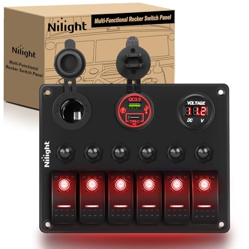 Nilight 6 Gang Rocker Switch Panel Waterproof Pre-Wired Red