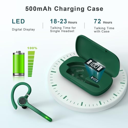 Image of HEIBAS Bluetooth Headset, Wireless Bluetooth Earpiece with 500mAh Charging Case 72 Hours Talking Time Built-in Microphone for iOS Android Cell Phone, V5.1 Hand-Free Headphones for Trucker-Green