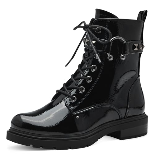 MARCO TOZZI Damen Stiefeletten zum Schnüren mit Nieten mit Reißverschluss, Schwarz (Black Patent), 41 EU