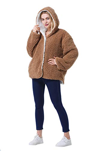 Womens Casual Fuzzy Jacket, Warm Cozy Reversible Sherpa Coat Open Front Hooded Cardigan with Pockets, Brown