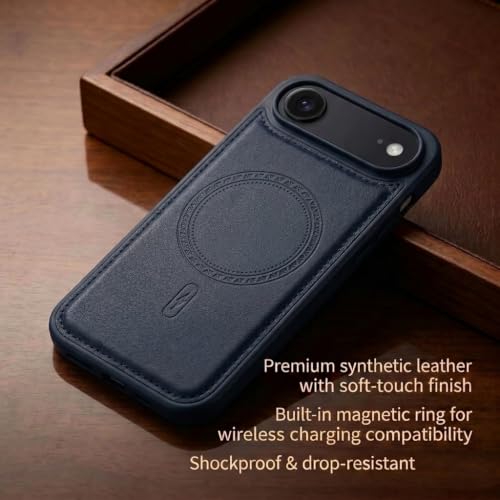 Image of amazon basics Premium PU Leather Case for iPhone 17 Air, MagSafe Compatible Magnetic Ring, Sleek Protective Back Cover - [Blue]