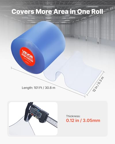 Image of VEVOR Clear PVC Strip Curtain, 101 ft Length x 12 in Width, Thermal Insulating Plastic Door Strip Bulk Roll, Walk in Freezer Cooler Curtain Strips for Doorways of Supermarket, Garage, Warehouse
