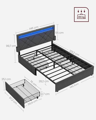 Lit Double 140x190 LED + 4 Tiroirs USB-C VASAGLE