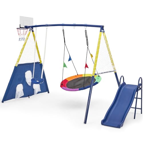 5 in 1 Kids Swing Set Heavy Duty Metal Frame Swing and Slide Set for Backyard & Garden Outdoor Play Equipment with Nest Swing seat for Boys Girls 150kg Weight Capacity Yellow & Blue