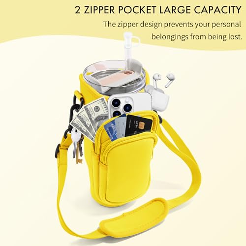 Image of Water Bottle Carrier Bag with Phone Pocket for Stanley Cup 40 /30 oz, Water Bottle Holder with Adjustable Strap& Straw Cover, Stanley Cup Accessories (Yellow)