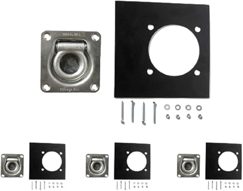 Four Recessed D-Ring Pan Fittings | Small Square Tie-Down D-Ring Trailer Cargo Tie-Down Anchors + Mounting Lock Plates + Installation Tie-Down Hardware Parts, Bolts, Nuts, Washers