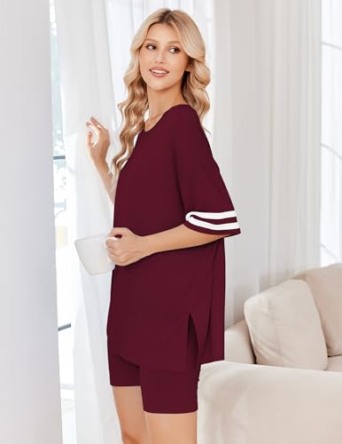 Image of Ekouaer Womens Pajamas Casual 2 Piece Short Sleeve Biker Shorts Lounge Set