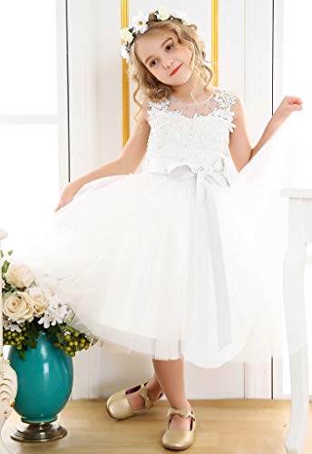 Bow Dream Lace Vintage Flower Girl's Dress Tulle Sleeveless White 63
