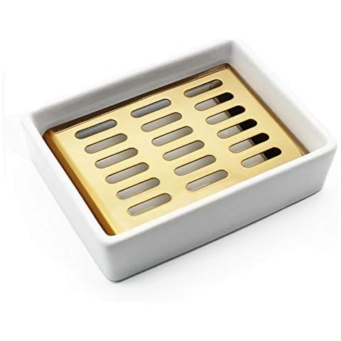 YOCZOX Soap Dish Holder, Stainless Steel Soap Holder with Ceramic Seat Silicone Anti-Slip Pads Nordic Style Soap Tray for Bathroom Shower Kitchen Organized, Double Layer Draining, Gold (A) Cover