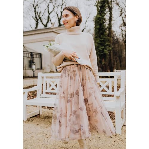 CHICWISH Women Floral Printed Mesh Tulle Midi Skirt Double Layered Elastic Waist A Line Flowy Fairy Skirts Dusty Pink 7