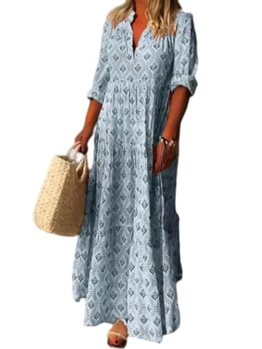 BIVENANT Women Blue Bohemian Casual Loose Long Sleeve Maxi Dresses Blue Retro Print Pleated Crew Neck Flowy Baggy Lightweight Long Dress for Womens