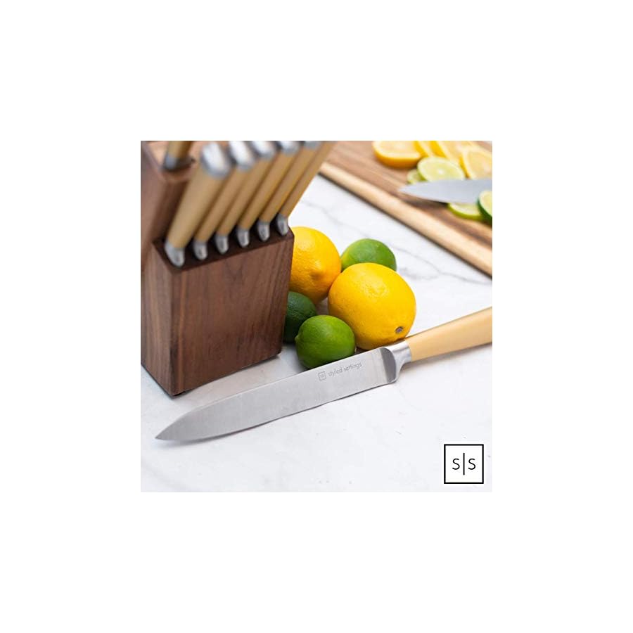 Gold Knife Set with Walnut Block – 13-Piece Full Tang Stainless Steel Kitchen Knives – Durable Gold Kitchen Accessories for Cooking and Food Prep
