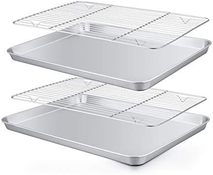 TeamFar Baking Pan with Rack Set 4, 12.5’’ x 10’’ x 1’’, Stainless Steel Toaster Oven Baking Pan with Cooling Rack, Healthy & Non Toxic, Easy Clean& Mirror Finish, Dishwasher Safe - (2 Pans + 2 Racks)