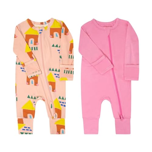 Image of Teach Leanbh Baby Boys Girls 2 Pack Bamboo Viscose Pajamas with Mitten Cuffs 2 Way Zipper Long Sleeve Romper Sleep and Play
