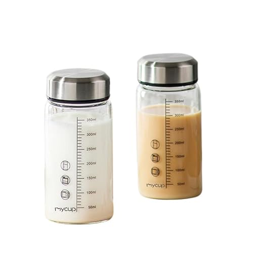 スケール付きミルクグラス、測定付きガラスミルクカップ、蓋付き計量ジャグ、350ML、高ホウケイ酸ガラス製、キッチンまたはレストラン用,Transparent-A (ピンク)