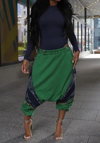 LKOUS Women's Harem Denim Pants Elastic High Waist Cargo Hippie Jeans Baggy Casual Trousers with Pockets4