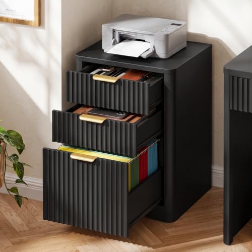 Image of Halitaa 3 Drawers File Cbinet, Fluted Wood Lateral Filing Cabinet, Black