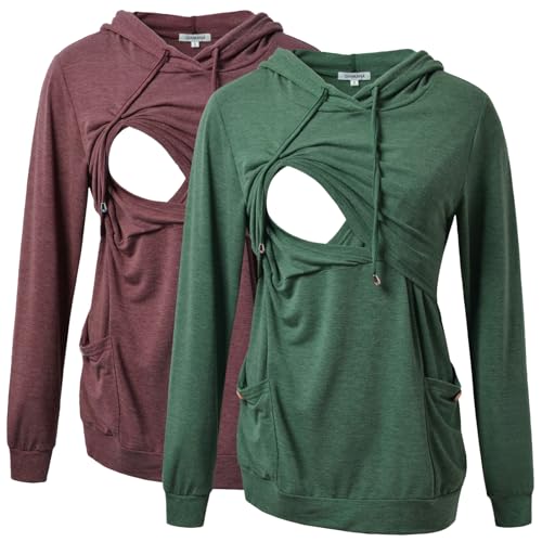 Image of GINKANA Womens Nursing Hoodie Top Sweatshirt Long Sleeve Button Decoration Pockets Shirts Tunic Top