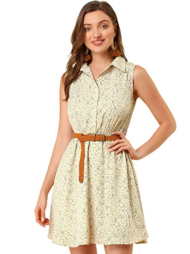Image of Allegra K Women's Floral Printed Half Placket Above Knee Summer Sleeveless Belted Dress