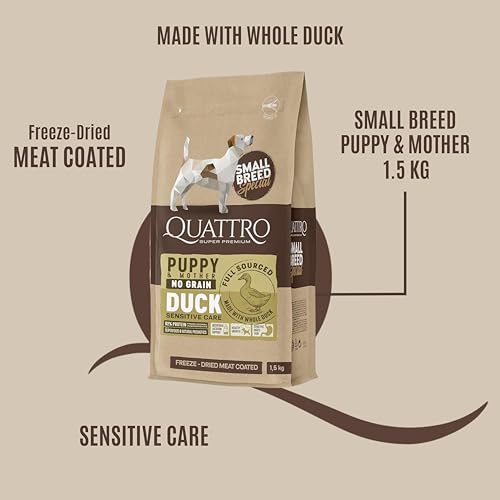 Image of Quattro Puppy Dog Food for Small Breeds| 1.5KG | Duck Formula | Super Premium Dry Dog Food for Puppies & Nursing Mothers | High Protein | Healthy Growth | Complete & Balanced Nutrition