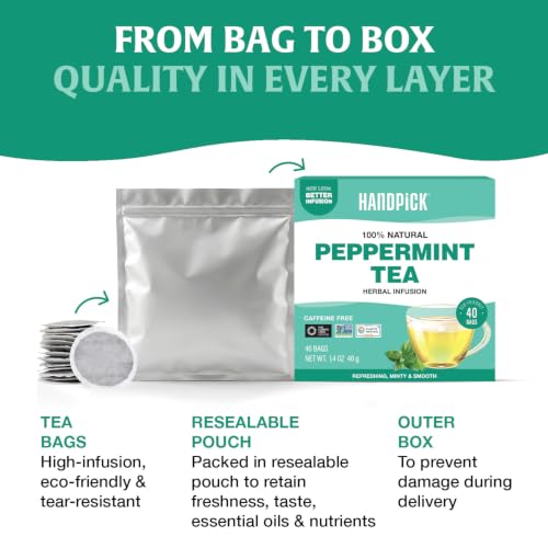 Image of HANDPICK Peppermint Tea (40 Tea Bags) Fresh Natural Mint Leaves, Non GMO