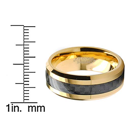 8MM Men's Goldtone Plated Tungsten Carbide Ring Wedding Band W/Black Carbon Fiber Inaly Sizes 7 to 154