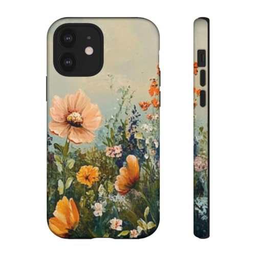 Coque iPhone 12 rigide brillante au motif champ de fleurs sauvages orange