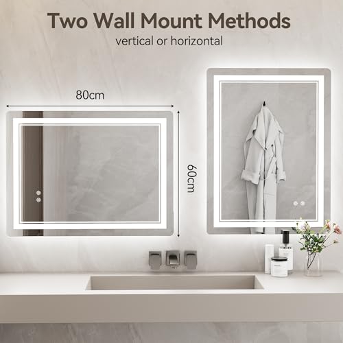 Hamlody LED Smart Bathroom Mirror with 3 Colours Dimmable, 800 * 600 MM Bathroom Wall Mirror with LED lights, Anti-fog Adjustable Brightness Wall-Mounted Mirror, Horizontal/Vertical - Cosy Home Interiors Hamlody LED Smart Bathroom Mirror with 3 Colours Dimmable, 800 * 600 MM Bathroom Wall Mirror with LED lights, Anti-fog Adjustable Brightness Wall-Mounted Mirror, Horizontal/Vertical - Image 7