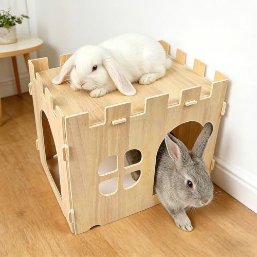 Vurixfo Wooden Rabbit House and Hideout Large Bunny Castle Detachable Bunny Play House Guinea Pig Wooden House Rabbits Hideaway for Indoor Hamster Hedgehog Rabbits Chinchilla Habitat 40x30x30cm