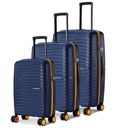 Image of Nasher Miles Cairo Hard-Sided Polypropylene Luggage Set of 3 | 55cm, 65cm & 75cm | 8 Wheels Small, Medium & Large Trolley Bag for Travel | Suitcase (Navy Blue & Yellow)