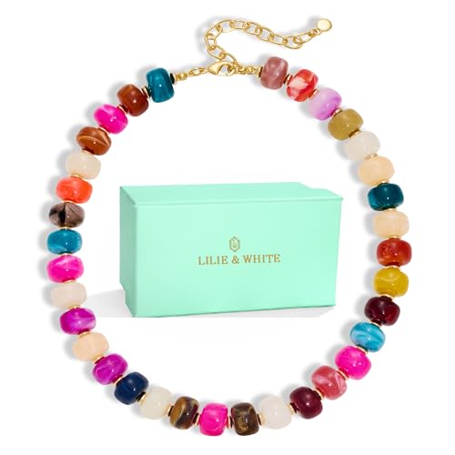LILIE&WHITE Collier de Grosses Perles Colorées pour Femme - Collier Tendance Bohème en Résine Arc-en-Ciel