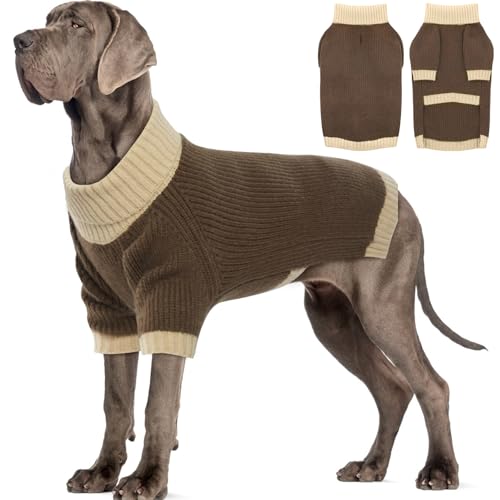 Extra Large Dog Sweater, Sleeve Turtleneck Sweater with Harness Hole, Christmas Pullover Sweaters for Dogs Boy Girl, Winter Dog Jumper for Rottweiler, Alaskan, Great Dane, Brown 4XL