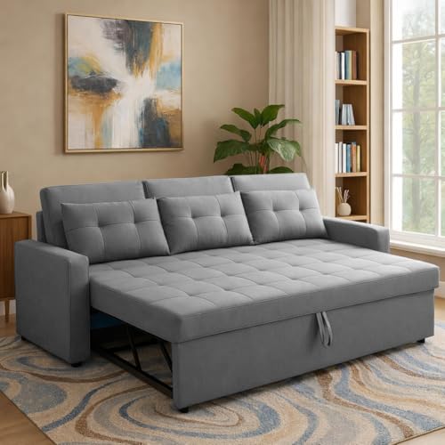 Image of Casaliving Treshta 3 Seater Pull-Out Premium Fabric Sofa Cum Bed Sofa Set for Living Room (Dark Grey Fabric Color) Premium Fabric Sofa Set for Living Room Sofa Cum Bed Set