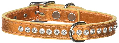 Image of Signature Leather Crystal Dog Collar, Metallic Apricot Solid Grain Leather, Fits 7.5 inch-9.5 inch Neck Size, 12 inch Overall Length