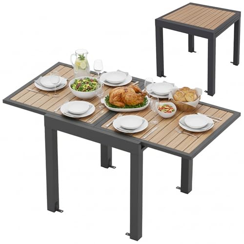 Tangkula 31.5'-63' Extendable Patio Dining Table, Aluminum Outdoor Dining Table for 4-6 People, L-Shaped Brace Included for Fixation, Space-Saving Expandable Table for Garden, Porch, Yard, Poolside