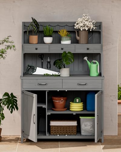 Oarlike 65” Potting Bench Table for Outside, Garden Table for Outdoors with Storage Cabinet, Shelves, Drawers, Work Bench for Planting, Gardening (Gray)