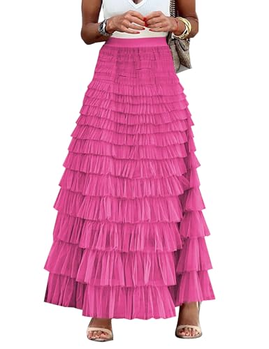 Flygo Women's Long Maxi Tulle Skirts A Line Ruffle High