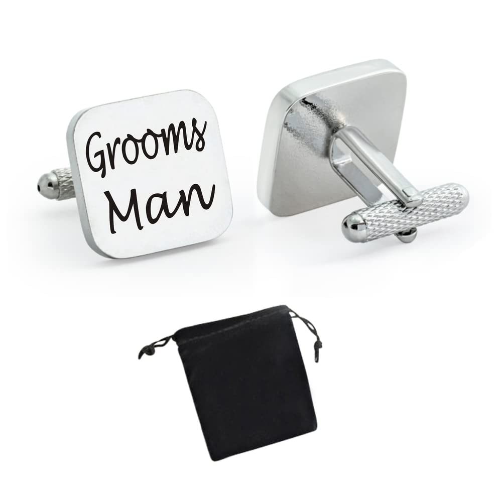 Virens Empourium Men's Silver + Black Printing Title - Cufflinks, Square Silver Wedding Cuff Links, Smart And Elegant Look, Best Man, Groom, Usher, Page Boy, Dad, Brother, And More Cufflink Titles (Groomsman)