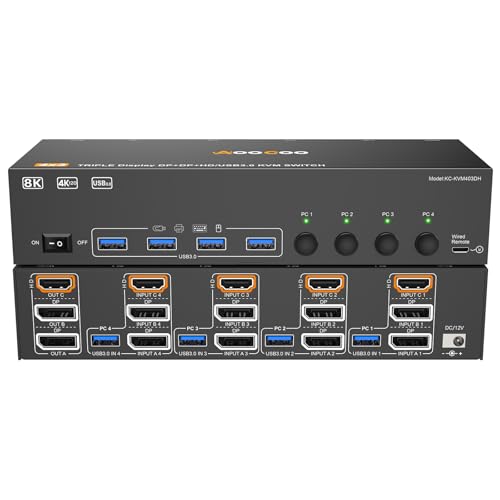 HDMI Displayport KVM Switch 3 Monitors 4 PC 8K@60Hz/4K@144Hz KVM Switches with USB 3.0 Port,Wired Remote,Power Adapter and USB3.0 Cables Included