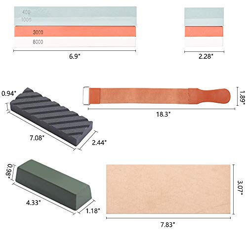 Complete Knife Sharpening Stone Kit–400/1000 and 3000/8000 Grit Whetstone set, Professional wet stone sharpeners kit with Flattening Stone, Leather Strop, Angle Guide, Gloves and Non-slip Bamboo Base