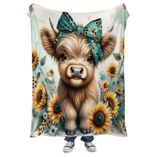Reateforin Teal Highland Cow Blanket Girl Gifts Western Farm Animal Sunflower Flannel Fleece Nursery Bed Blankets Soft Lightweight Funny Animal Cow Print Blanket Highland Cow Nursery Bed Decor 30x40