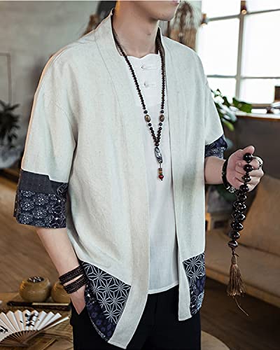 Image of Men's Japanese Kimono Cardigan Loose Cotton Linen 3 /4 Sleeve Open Front Casual Summer Shirt Jackets